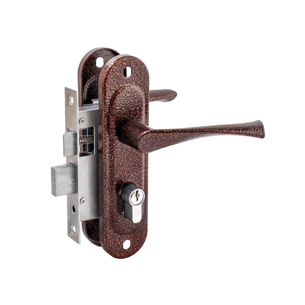 Фото Замок врезной цилиндровый с защёлкой в комплекте с ручкой ЗВ4-50.01 (медь), 5 кл.